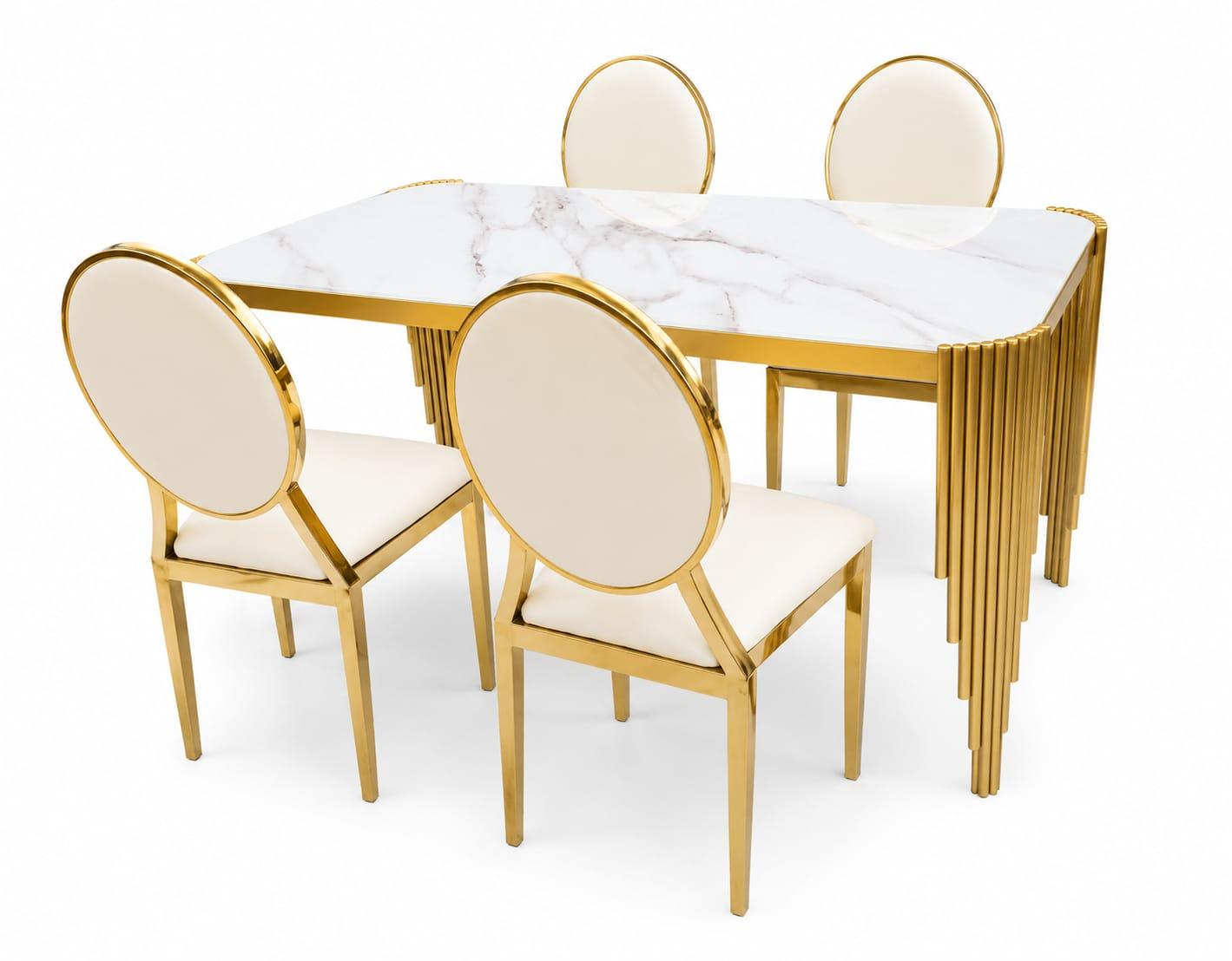 Modern Luxury Gold Dining Table Set – Black Glass Top & Round Leather Chairs - mwajo furniture