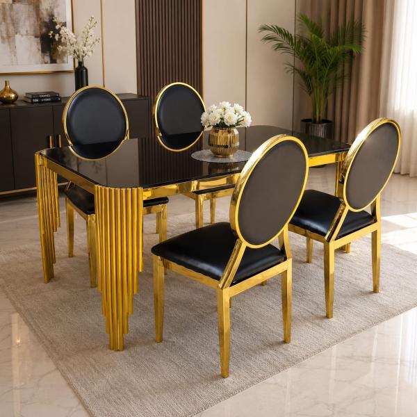 Modern Luxury Gold Dining Table Set – Black Glass Top & Round Leather Chairs - mwajo furniture