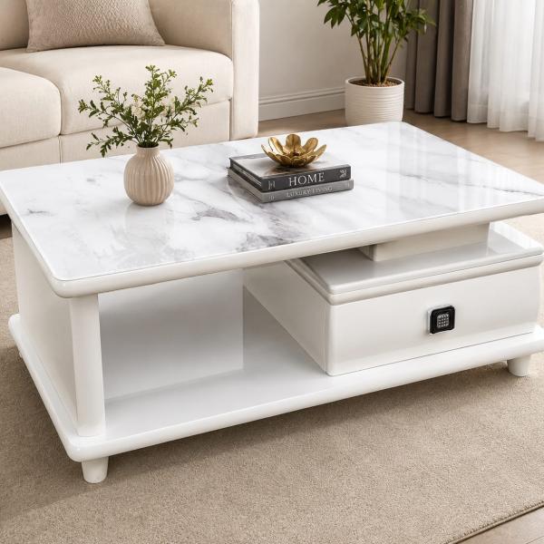 Modern Faux Marble Coffee Table with Storage Drawer & Open Shelving - mwajo furniture kenya