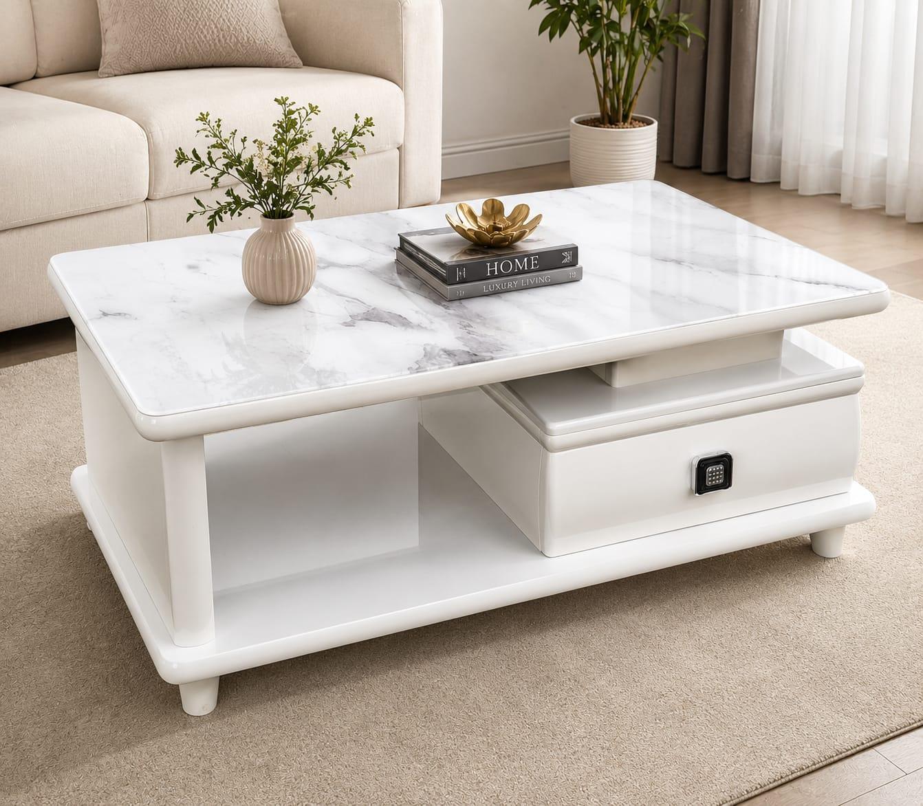 Modern Faux Marble Coffee Table with Storage Drawer & Open Shelving - mwajo furniture kenya